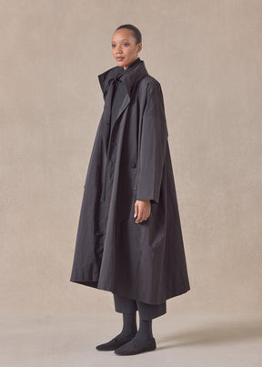 cotton mix smaller front larger back high neck coat with button away hood - full length