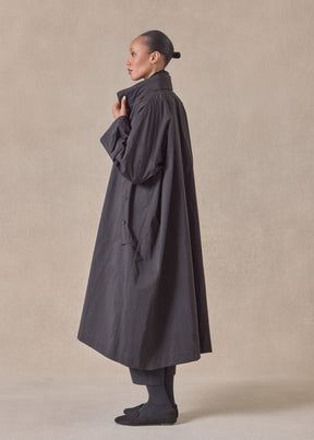 cotton mix smaller front larger back high neck coat with button away hood - full length