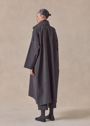 cotton mix smaller front larger back high neck coat with button away hood - full length