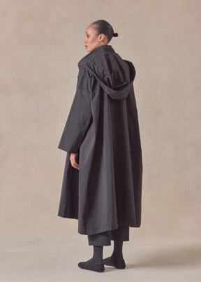 cotton mix smaller front larger back high neck coat with button away hood - full length