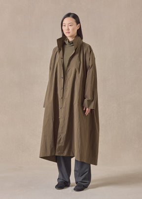 cotton mix smaller front larger back high neck coat with button away hood - full length