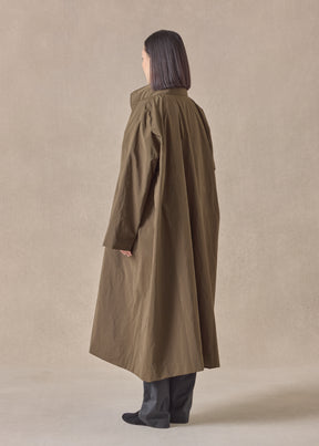 cotton mix smaller front larger back high neck coat with button away hood - full length