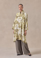silk wide a-line shirt with chinese collar - very long with slits