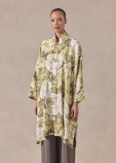 silk wide a-line shirt with chinese collar - very long with slits (olive)