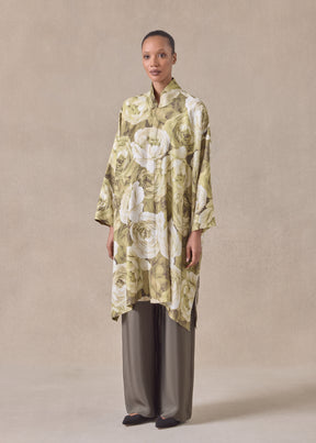 silk wide a-line shirt with chinese collar - very long with slits
