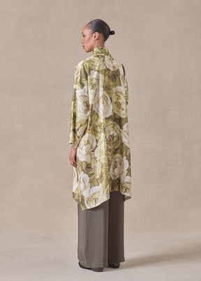 silk wide a-line shirt with chinese collar - very long with slits