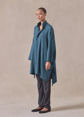 silk wide longer back double stand collar shirt - very long with slits