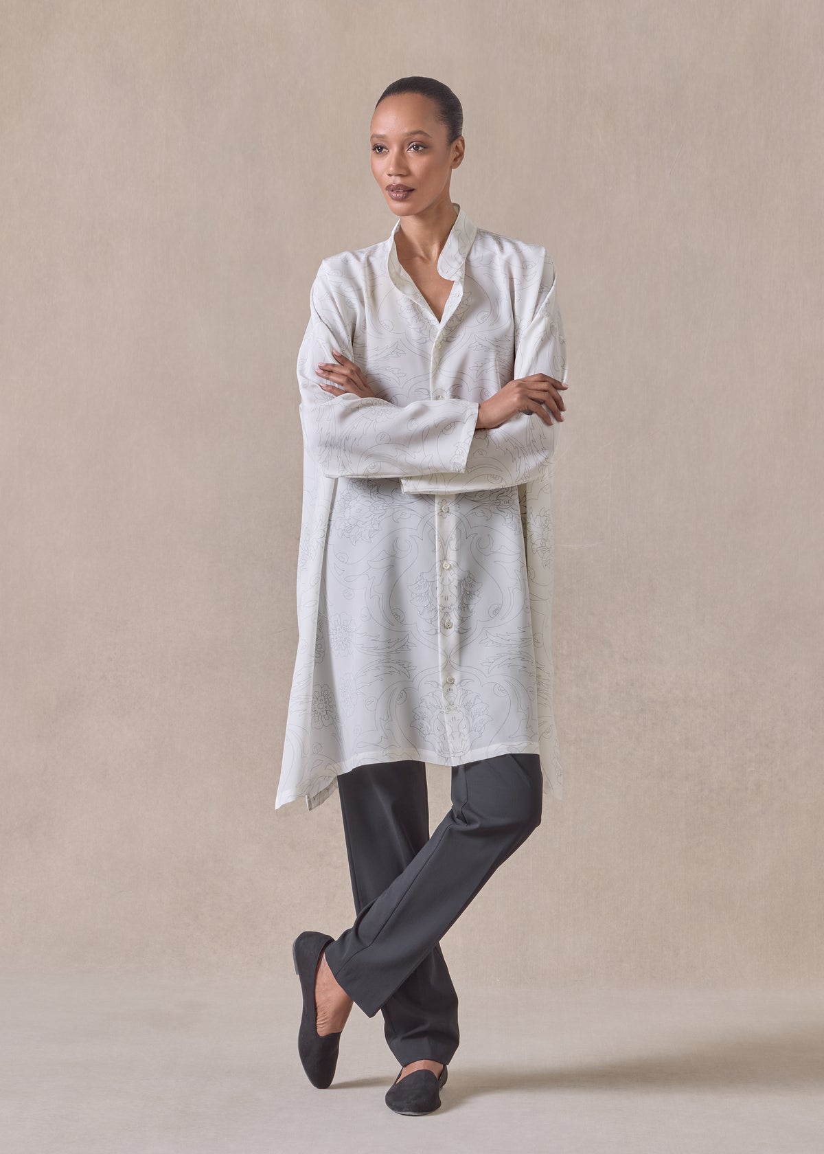 silk wide a-line collarless shirt - very long with slits