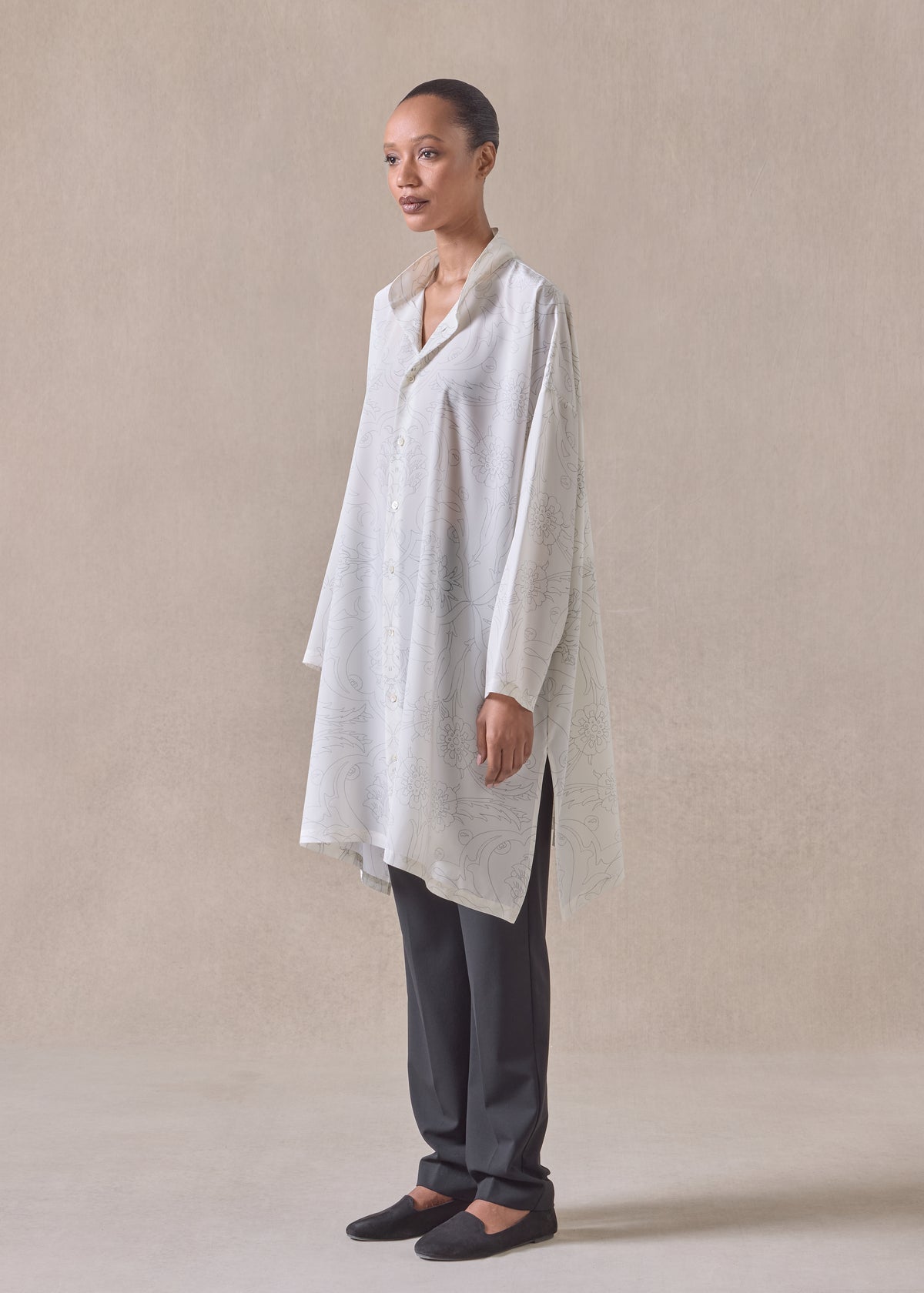silk wide a-line collarless shirt - very long with slits