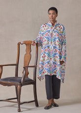 silk wide a-line collarless shirt - very long with slits (brightmulti)