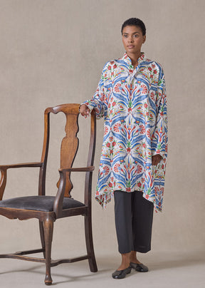 silk wide a-line collarless shirt - very long with slits (brightmulti)