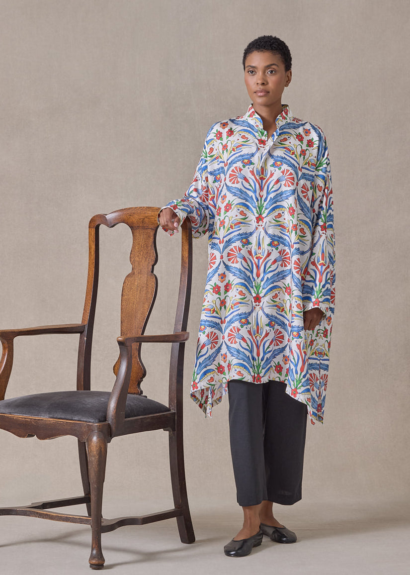 silk wide a-line collarless shirt - very long with slits (brightmulti)