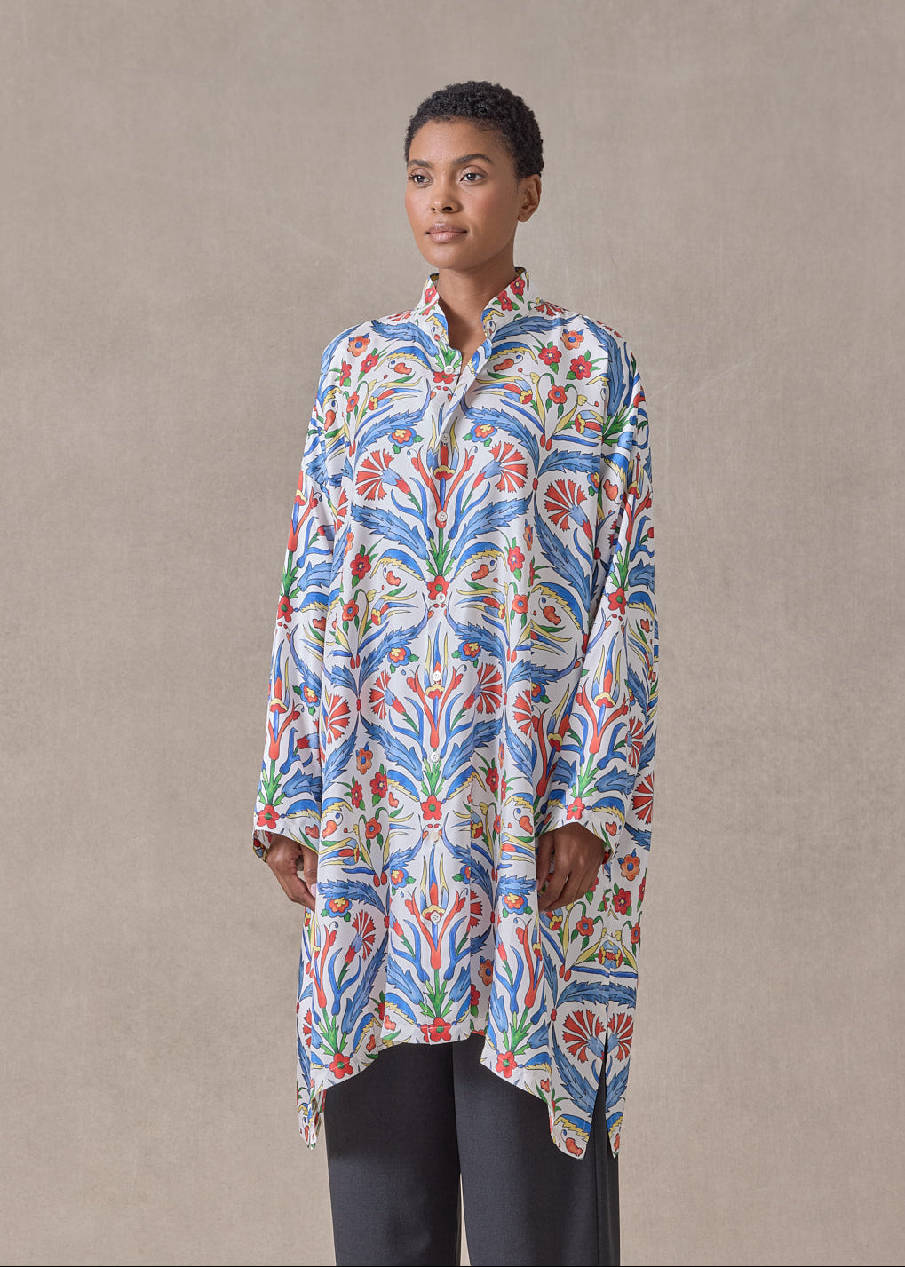 silk wide a-line collarless shirt - very long with slits (brightmulti)