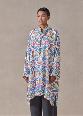 silk wide a-line collarless shirt - very long with slits (brightmulti)