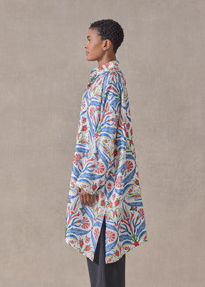 silk wide a-line collarless shirt - very long with slits (brightmulti)