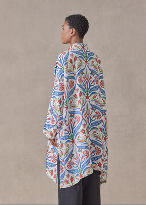 silk wide a-line collarless shirt - very long with slits (brightmulti)