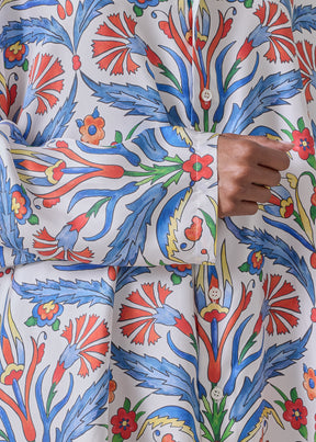silk wide a-line collarless shirt - very long with slits (brightmulti)