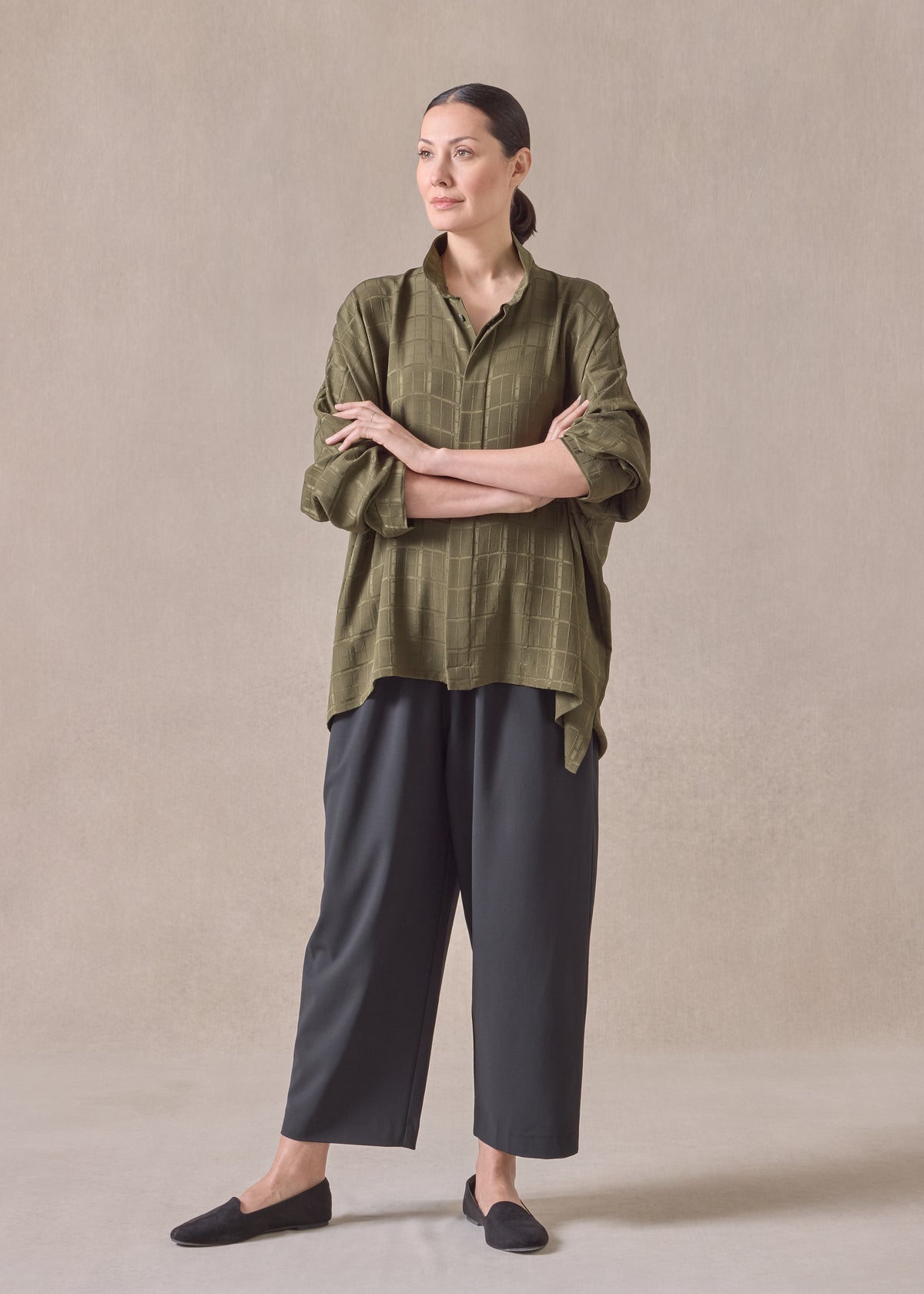 silk wide longer back double stand collar shirt - mid plus