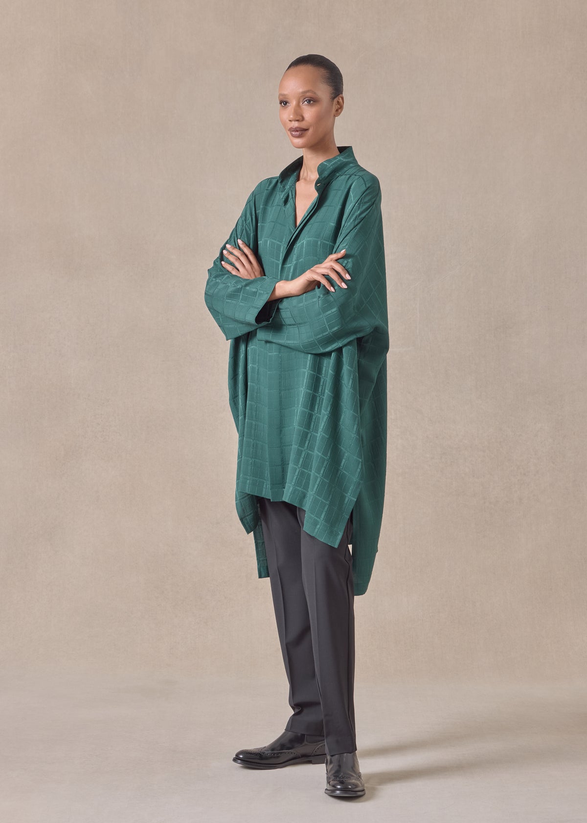 silk wide longer back double stand collar shirt - very long with slits
