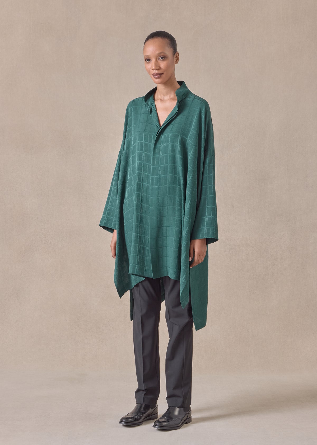 silk wide longer back double stand collar shirt - very long with slits