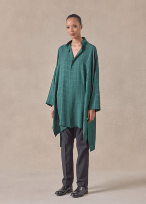 silk wide longer back double stand collar shirt - very long with slits