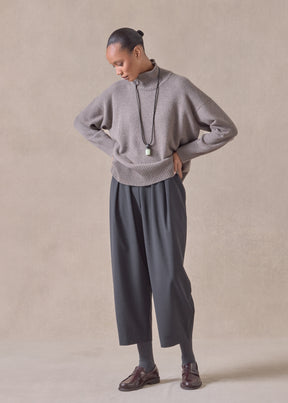 wool cropped flat front pleated trouser