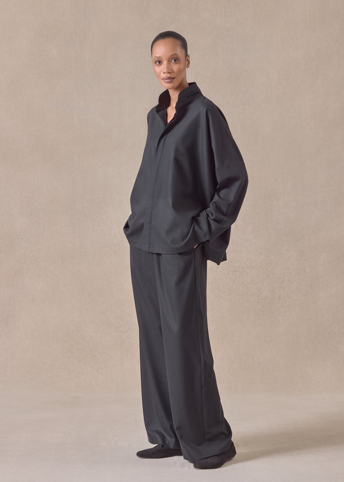 wool cashmere mix wide longer back shirt with double stand collar - mid plus