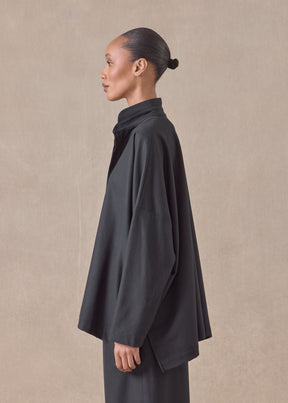 wool cashmere mix wide longer back shirt with double stand collar - mid plus
