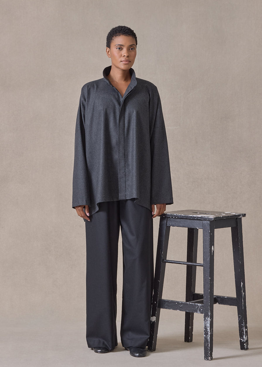 wool / cashmere wide longer back shirt with double stand collar - mid plus (charcoal)