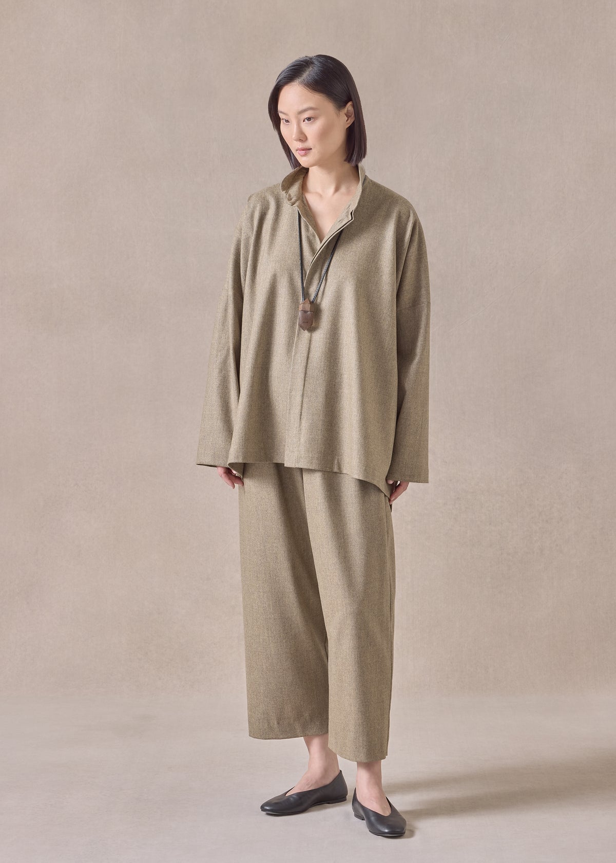 cashmere wool mix wide longer back shirt with double stand collar - mid plus