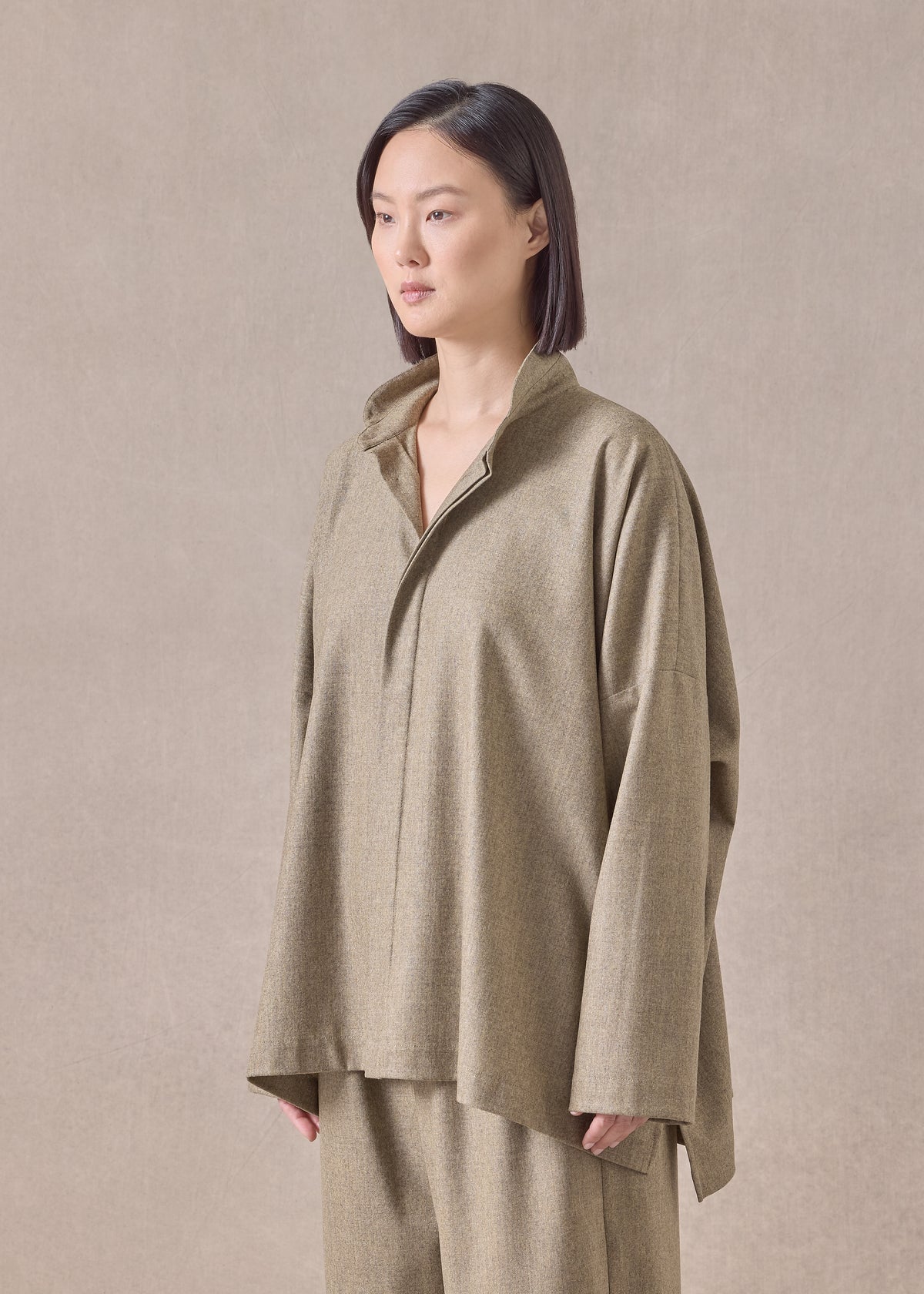 cashmere wool mix wide longer back shirt with double stand collar - mid plus