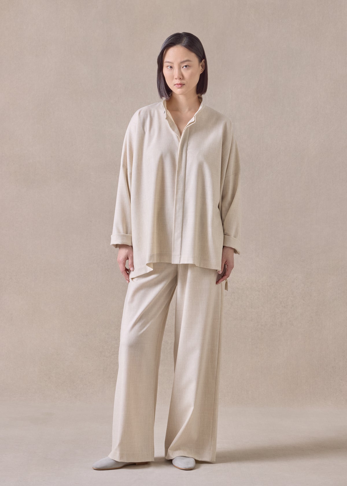 cashmere wool mix wide longer back shirt with double stand collar - mid plus