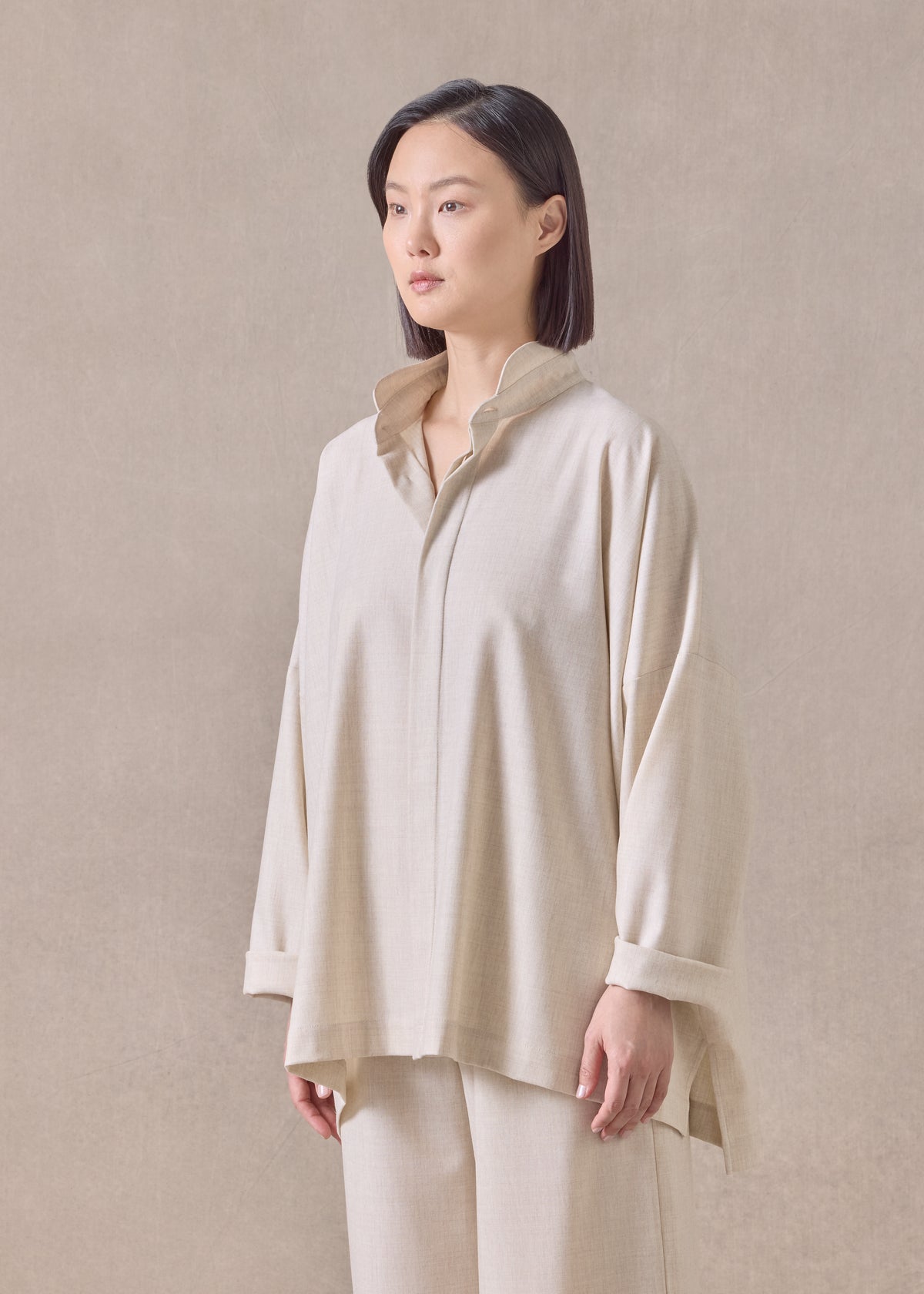 cashmere wool mix wide longer back shirt with double stand collar - mid plus