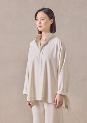 cashmere wool mix wide longer back shirt with double stand collar - mid plus