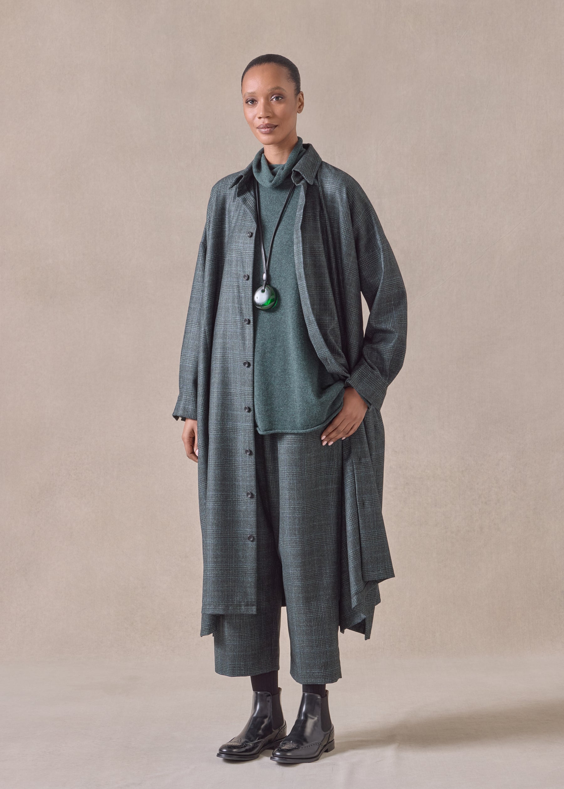 cashmere silk wool mix wide a-line shirt dress with collar (darkforest