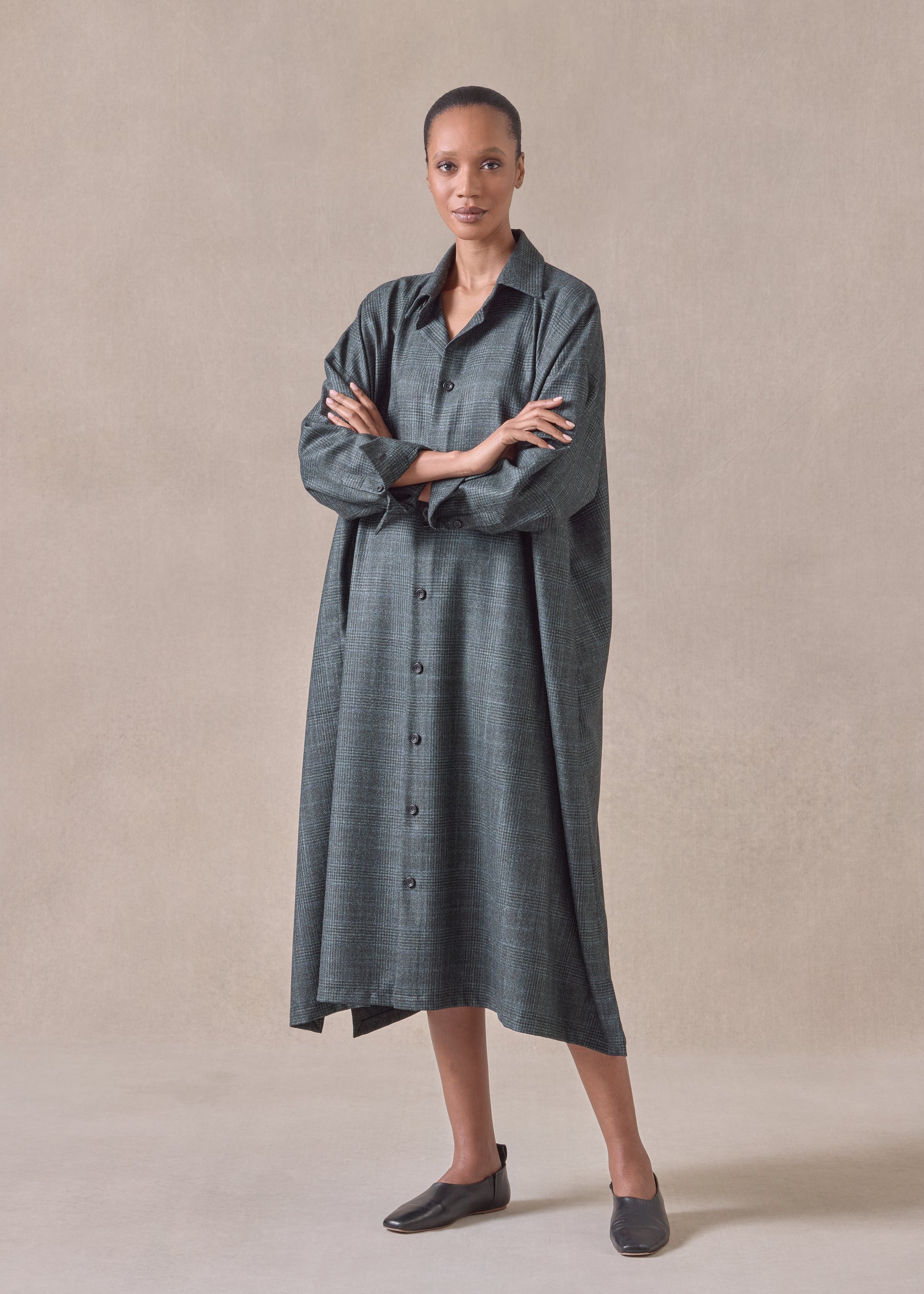 cashmere silk wool mix wide a-line shirt dress with collar