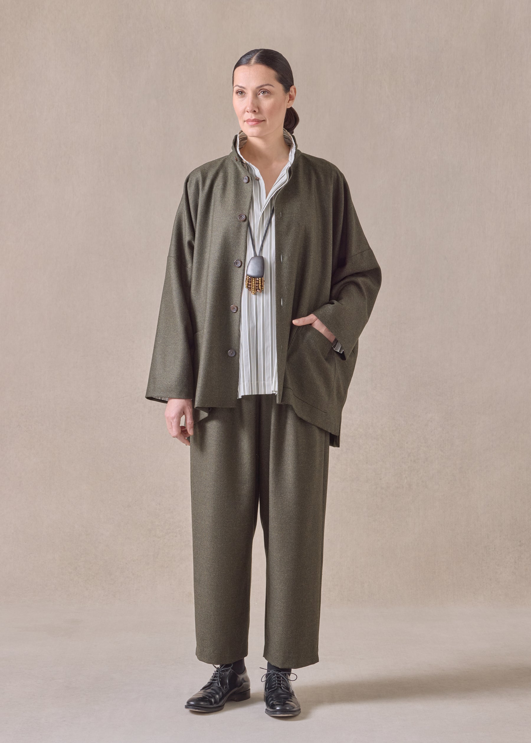 silk superfine wool mix wide longer back double stand collar jacket - long