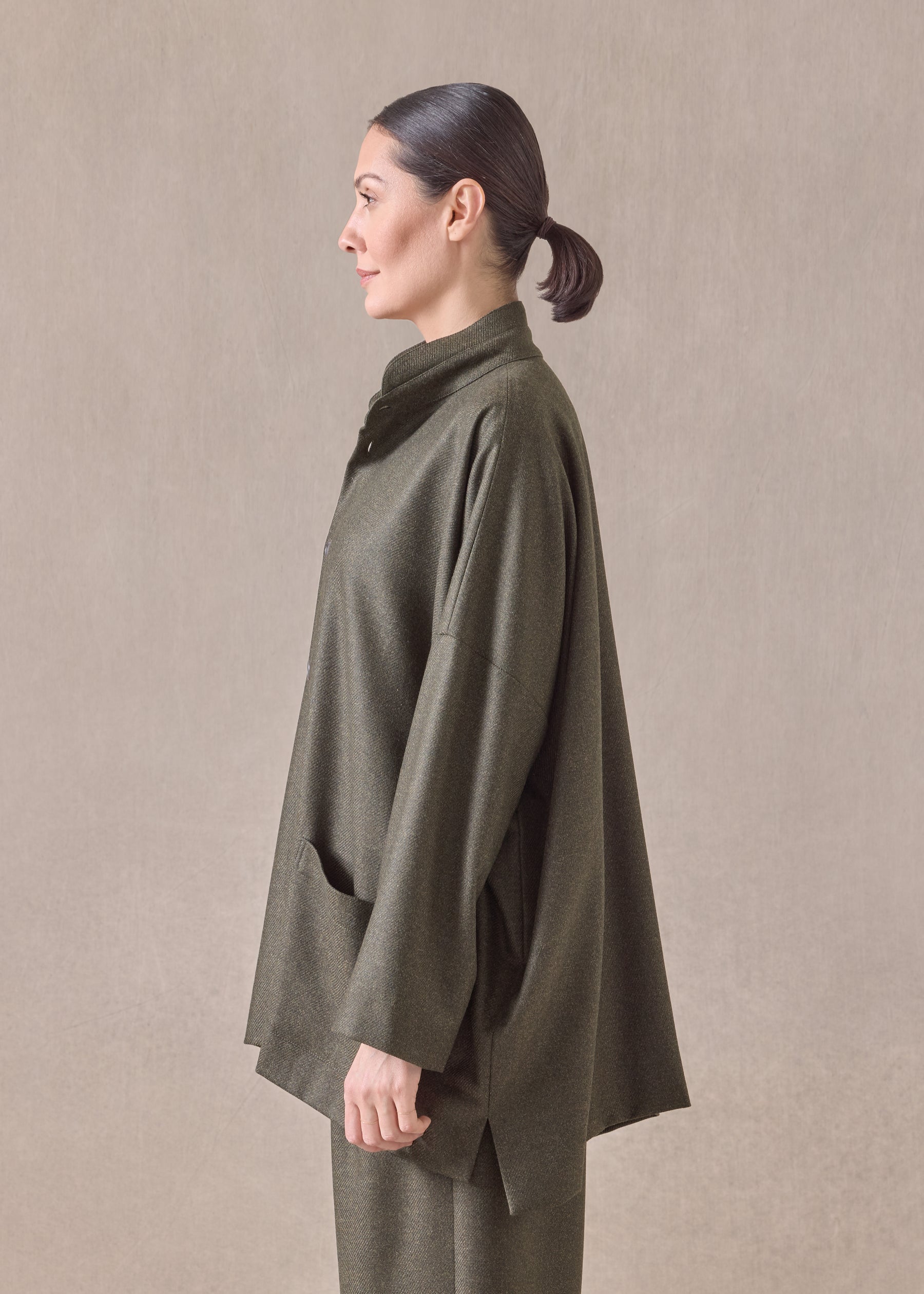 silk superfine wool mix wide longer back double stand collar jacket - long