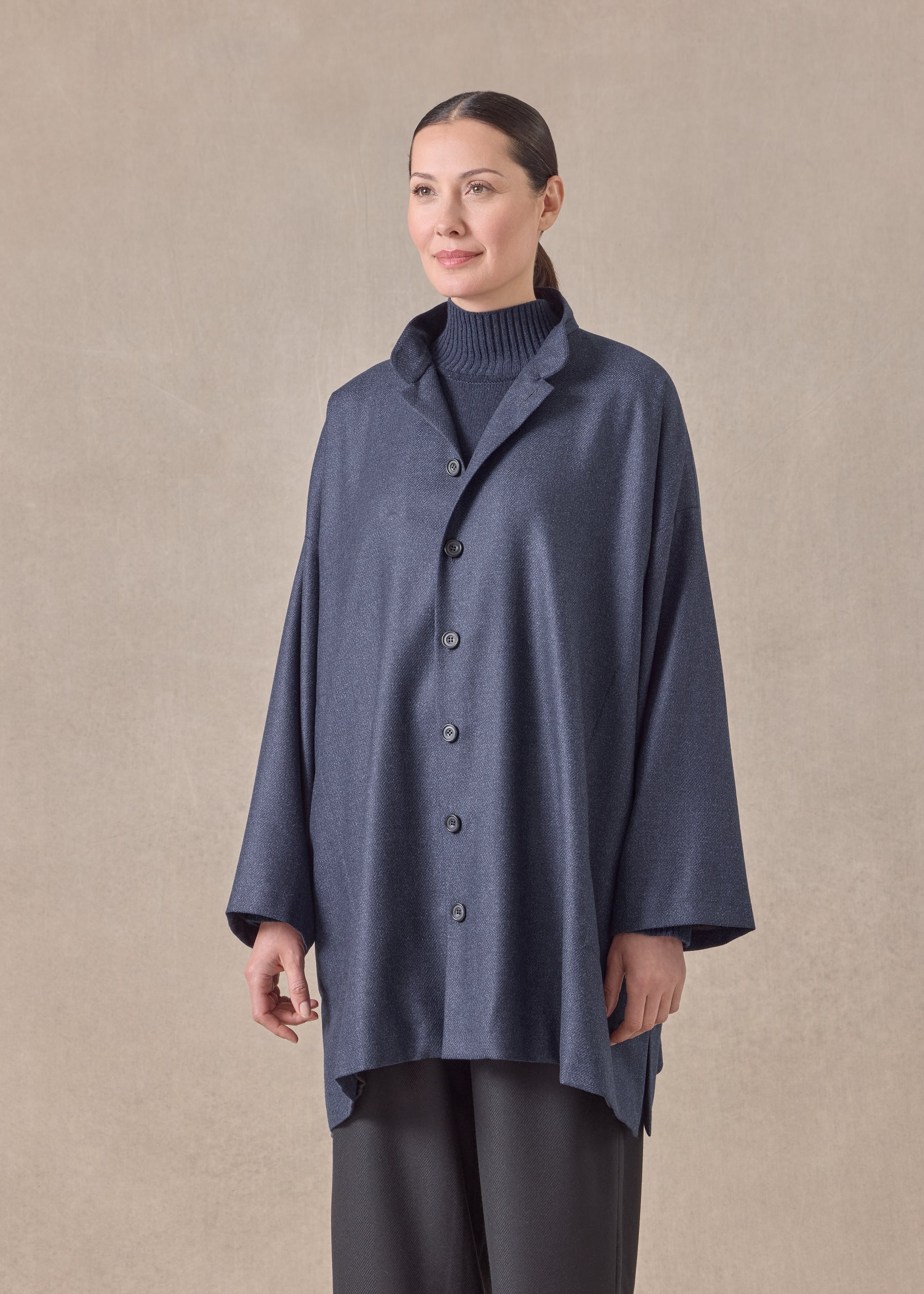 silk superfine wool mix wide a-line mandarin jacket - long plus