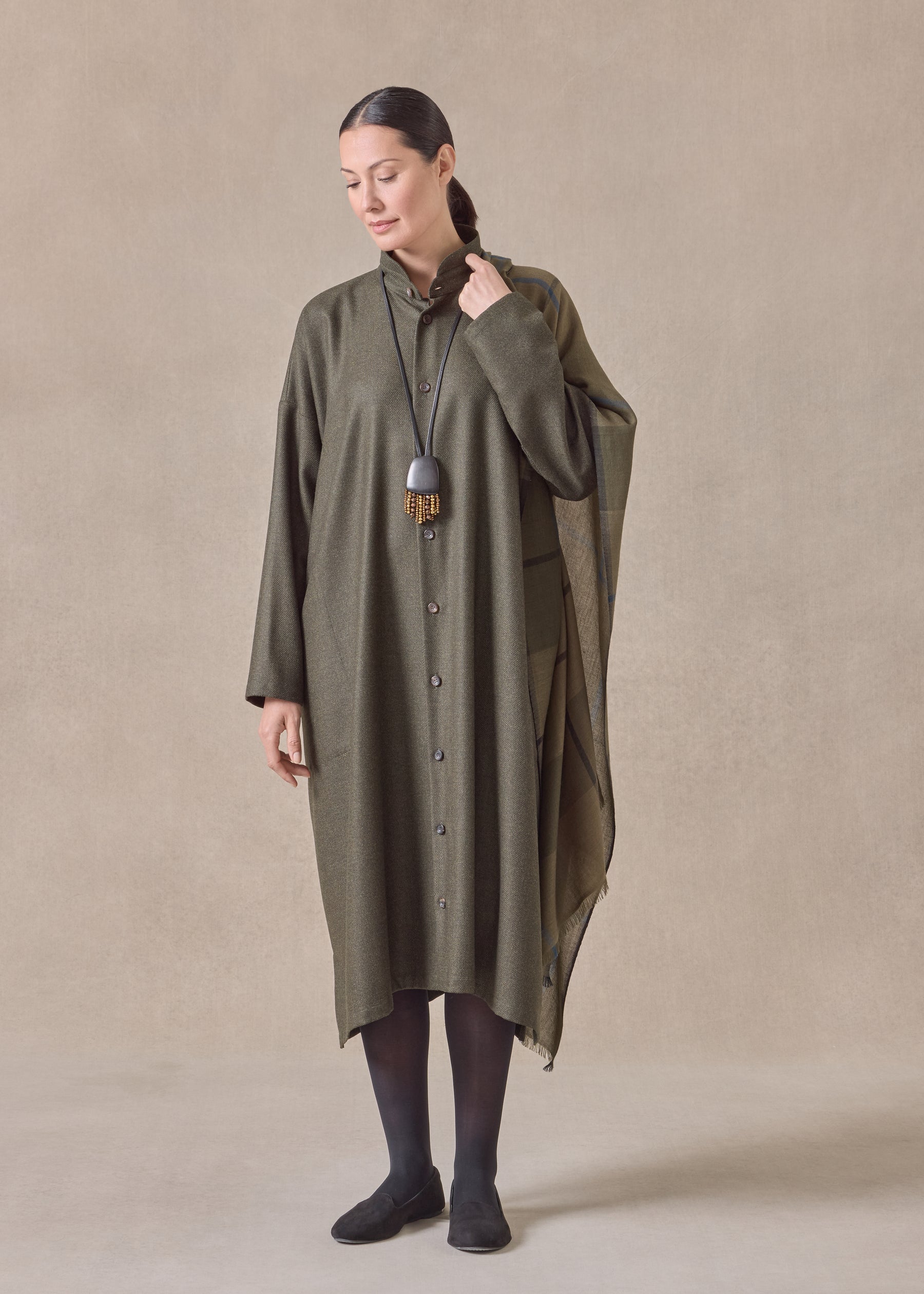 silk superfine wool mix wide a-line shirt dress with double stand collar