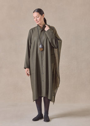 silk superfine wool mix wide a-line shirt dress with double stand collar