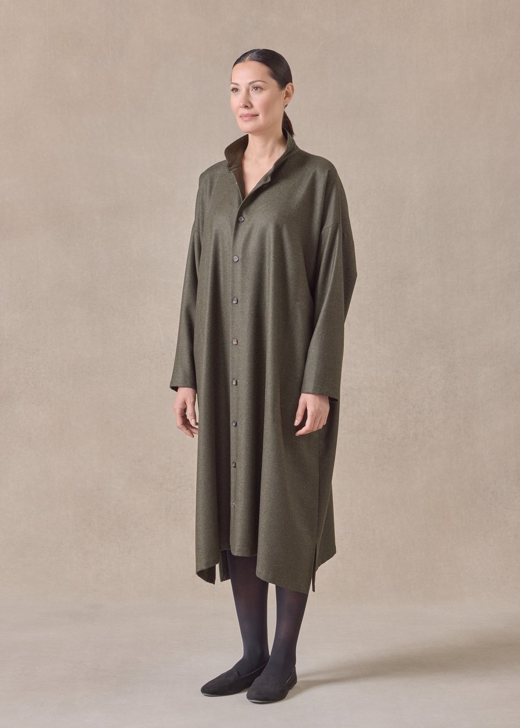 silk superfine wool mix wide a-line shirt dress with double stand collar