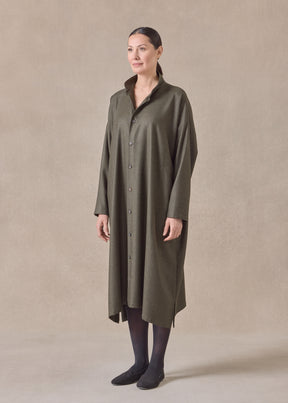silk superfine wool mix wide a-line shirt dress with double stand collar