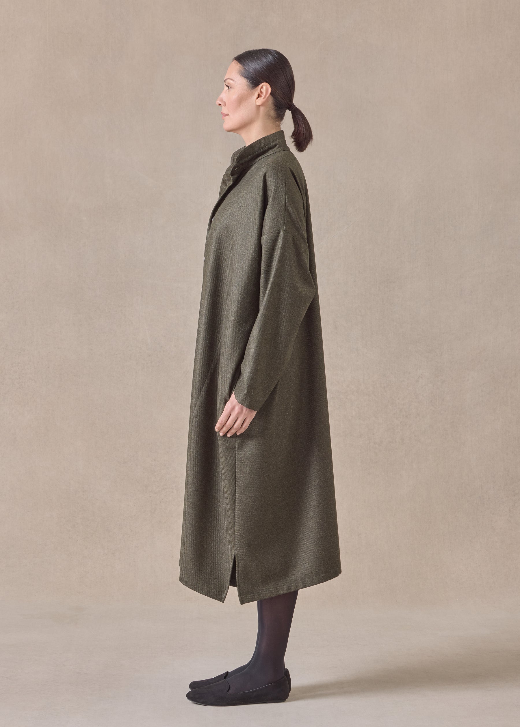 silk superfine wool mix wide a-line shirt dress with double stand collar