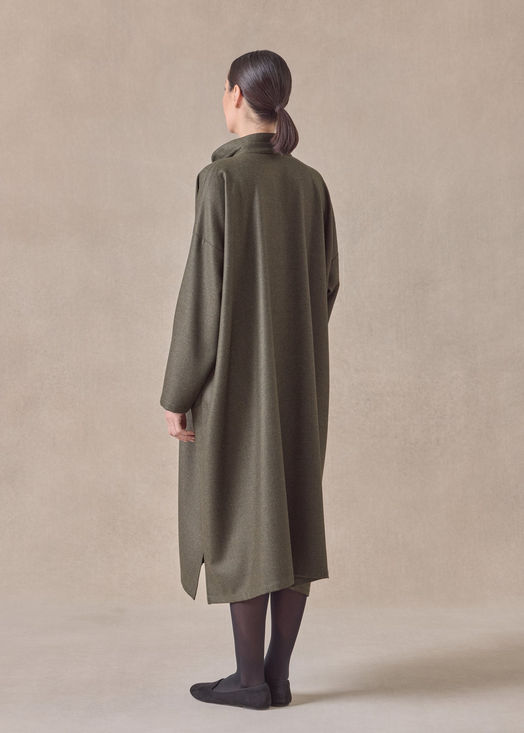 silk superfine wool mix wide a-line shirt dress with double stand collar