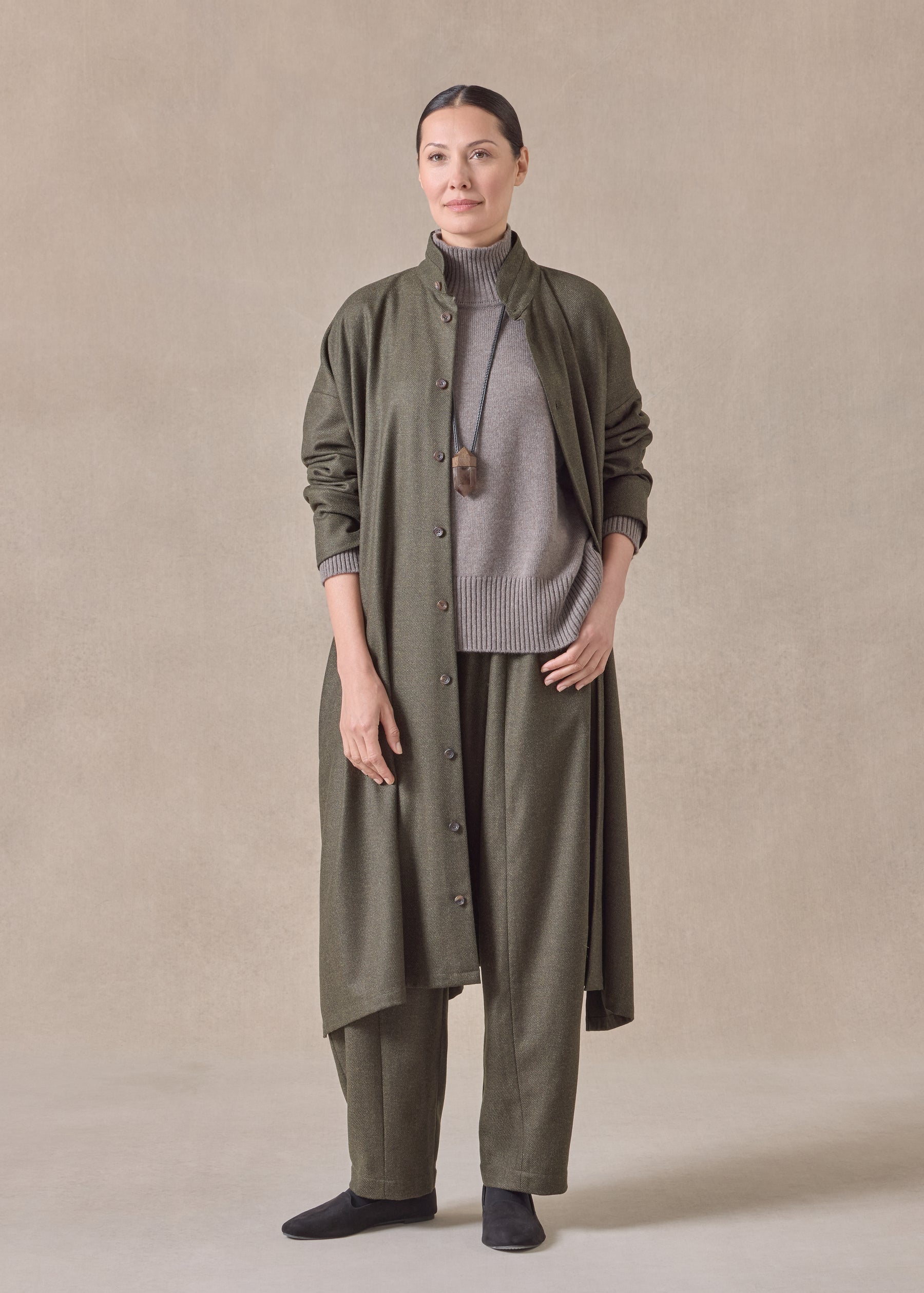 silk superfine wool mix wide a-line shirt dress with double stand collar