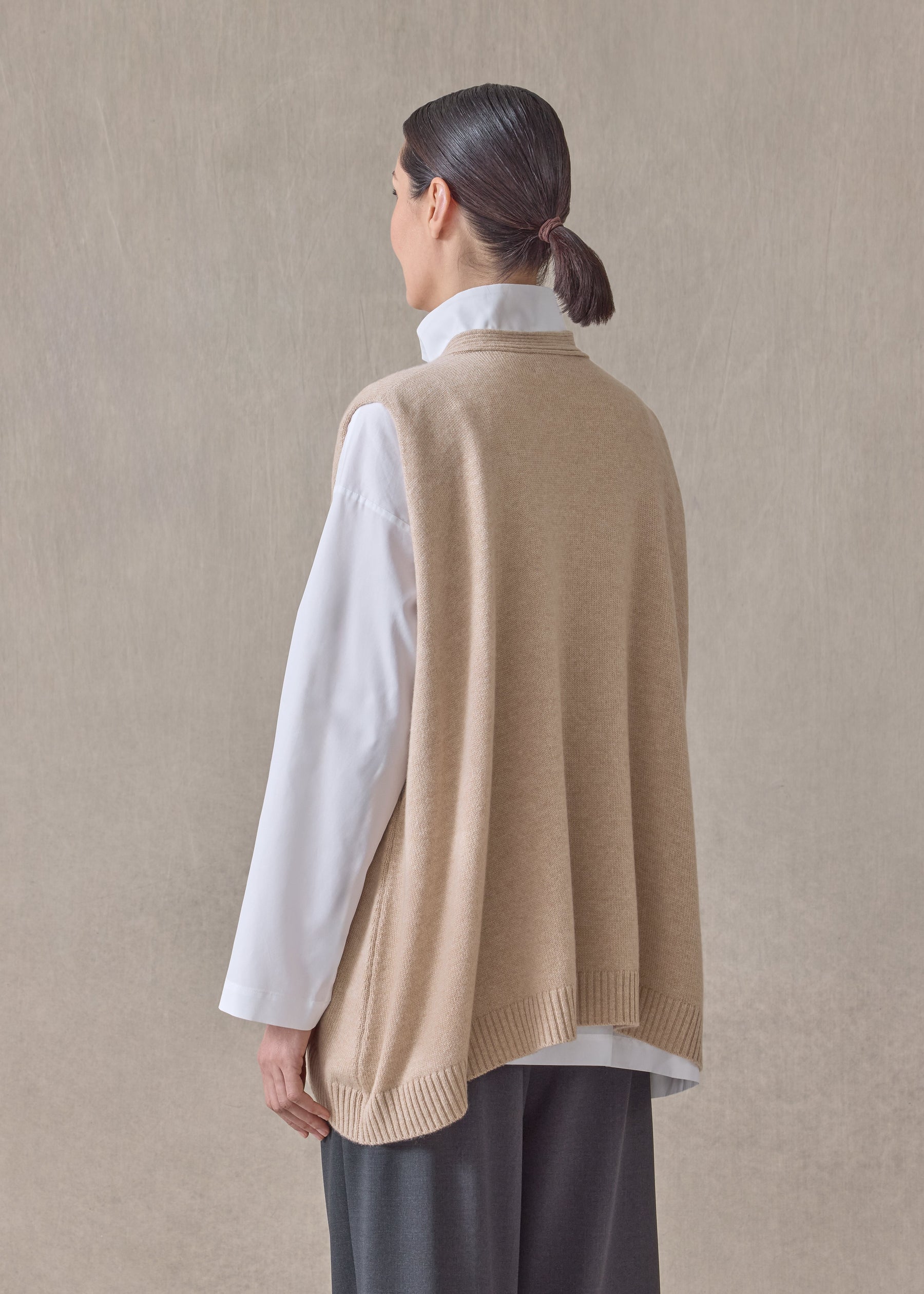 cashmere a-line sleeveless v neck cardigan - mid plus (sandstone)