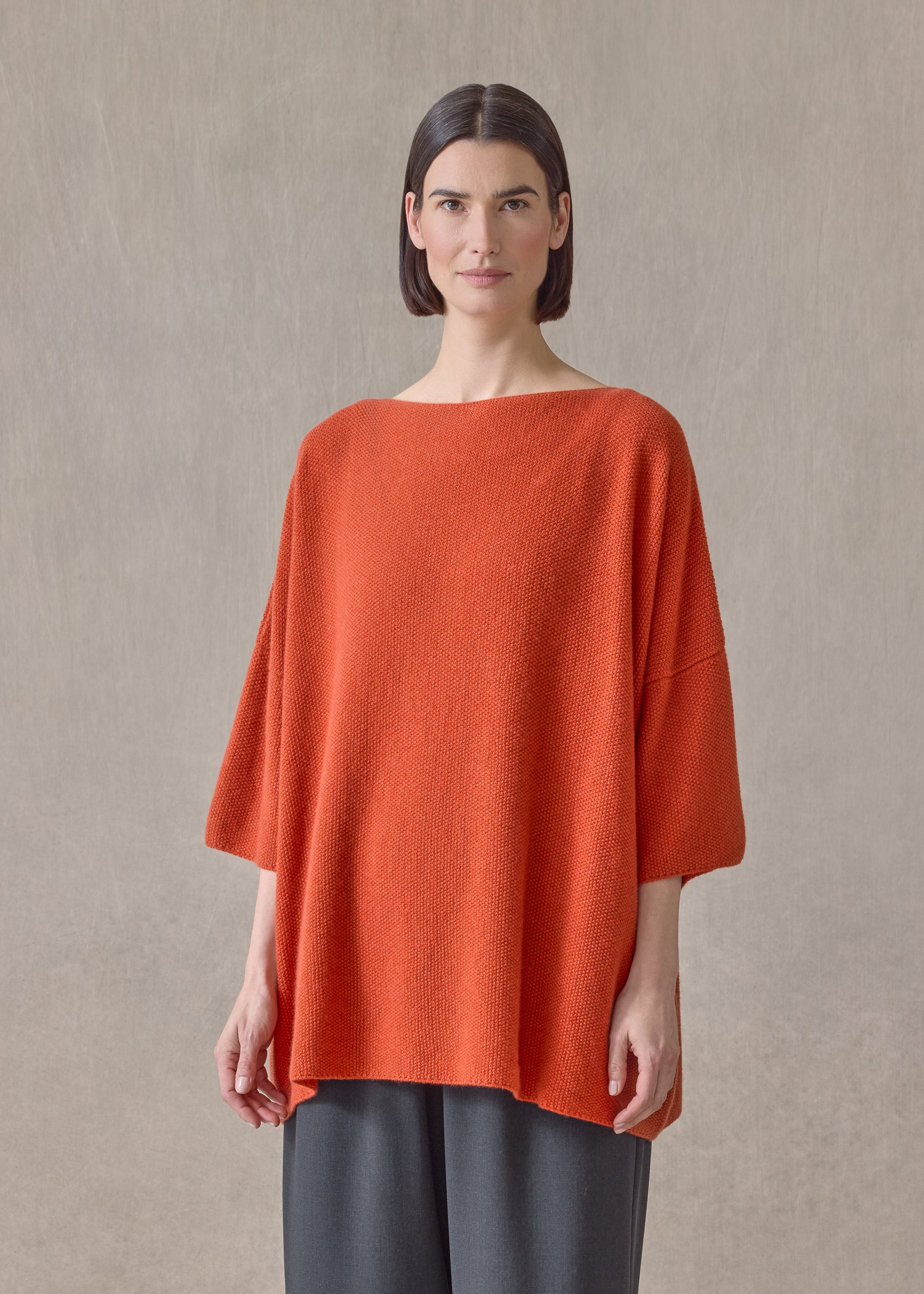cashmere square 3/4 sleeve  top - long (rust)
