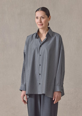 striped cotton wide a-line shirt with collar - long (charcoal)