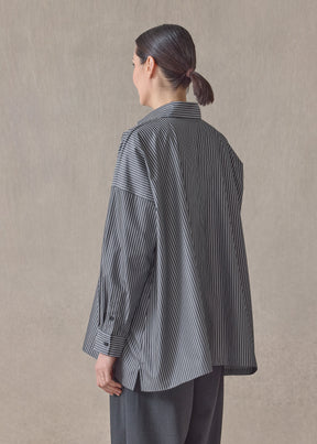 striped cotton wide a-line shirt with collar - long (charcoal)